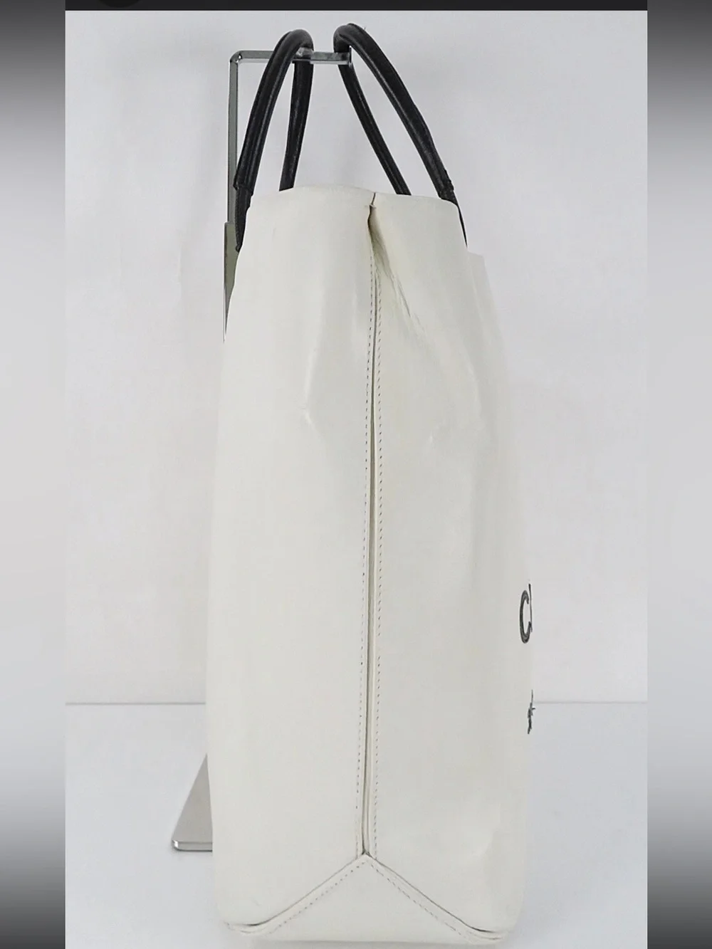 CHANEL White Canvas Tote with Black Handles and Logo